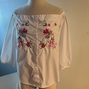 White Off-Shoulder Floral Embroidered Women's Top
